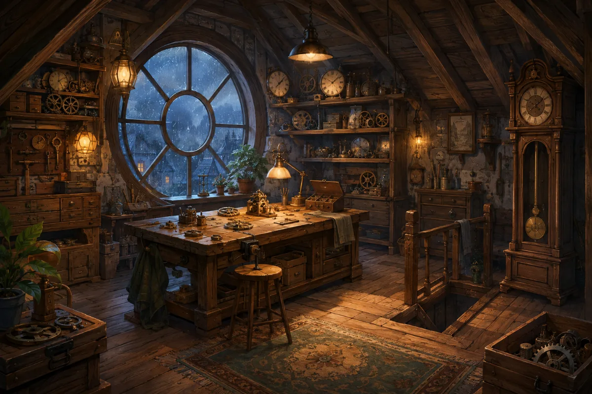 Clockmaker's Rainy Attic Workshop