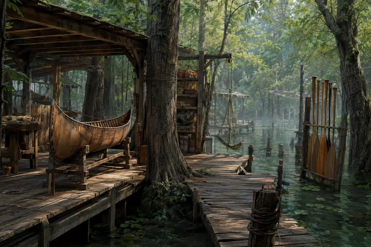 Flooded-Forest Canoe Repair Camp