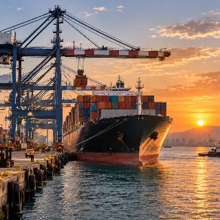 Cargo Ship Port Sunset
