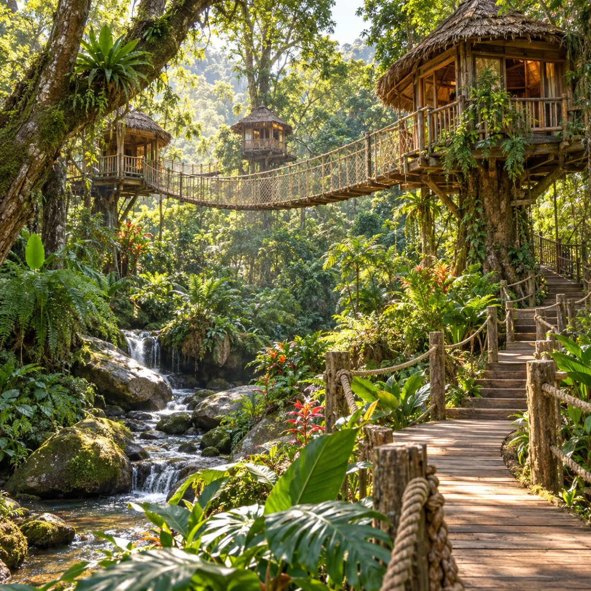A sunlit jungle trail linking treehouses and rope bridges.