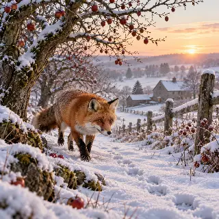Red Fox Snowy Orchard