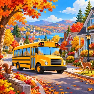 School Bus Autumn Town