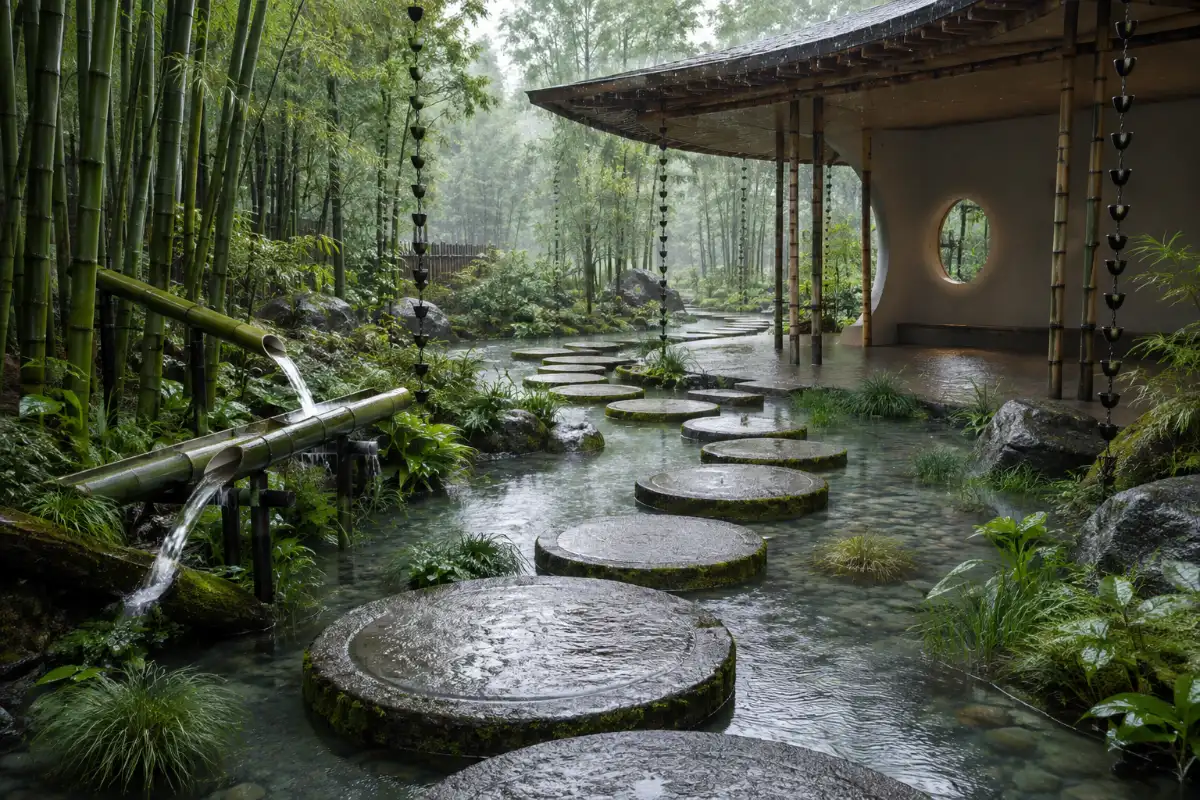 Bamboo Rain-Garden Stepping Path
